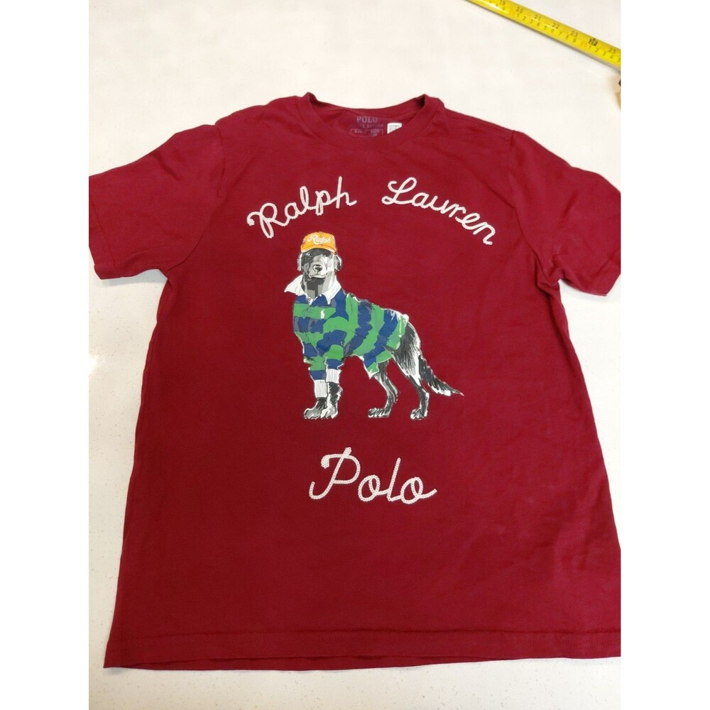 Polo Ralph Lauren Boys T-Shirt Medium 10-12 Burgundy Dog Cotton Jersey READ
